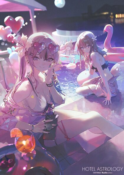 Girls by the pool under the moon