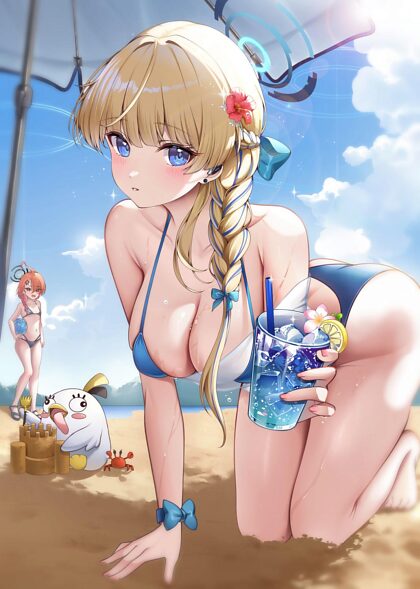Offering a drink at the beach