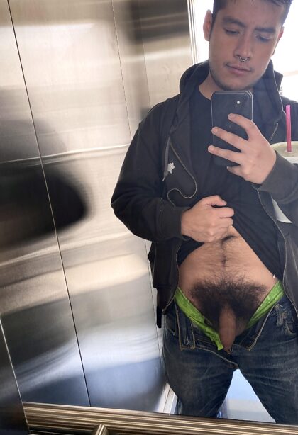 My hairy cock out in college’s elevator