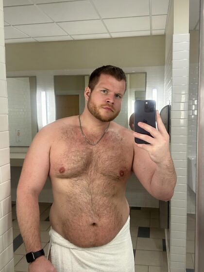 The gym lighting here is pretty flattering if you embrace the dad bod