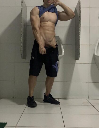 You're swallowing my dick in the middle of the gym bathroom and someone catch us. You keep sucking or run away?