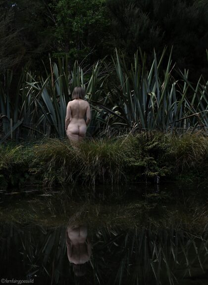 Nackte Spiegelbilder am Teich