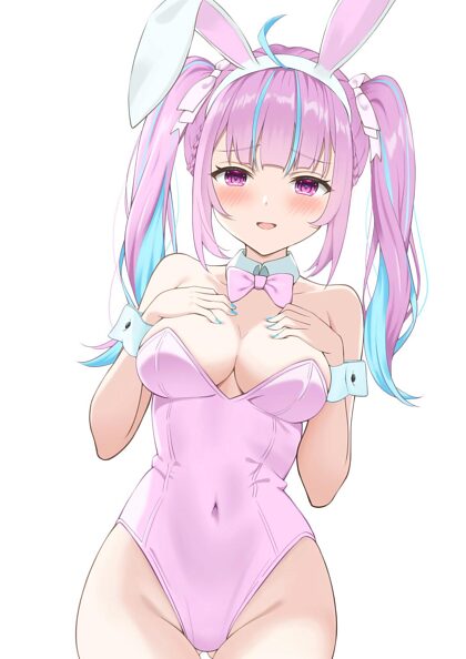 Wearing a cute pink bunny outfit