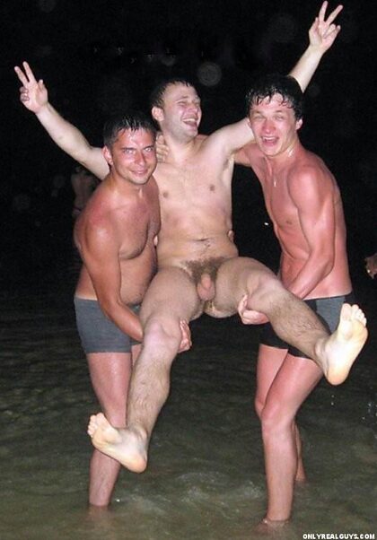 Being carried by his underwear clad buds!