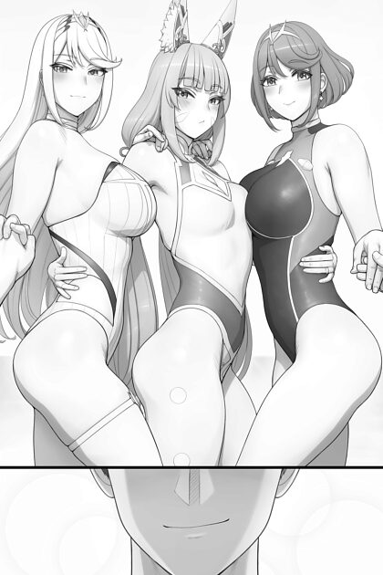 Pyra, Mythra y Nia con Rex