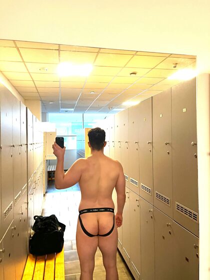 Felt so slutty and horny to walk in the locker room with only my jockstrap