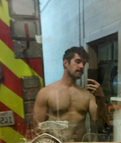 This hung firefighter is compelled to show off his big slab of meat