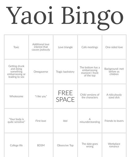 Yaoi Bingo