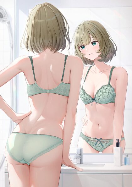 Kaede looking in the mirror