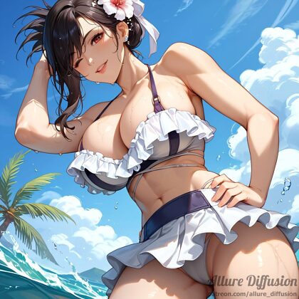 Tifa disfrutando su día en la playa