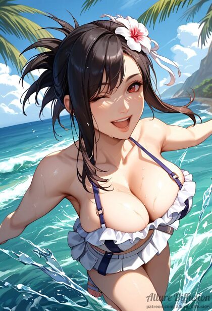 Tifa disfrutando su día en la playa