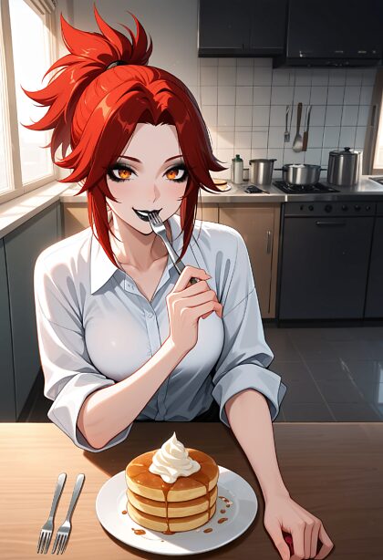 Ta copine a passé la nuit dernière, maintenant c'est le matin et il est temps de lui faire des crêpes...