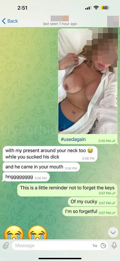En raison de quelques questions posées : voici le reste de la conversation avec Cucky, où je me suis bien remplie, pendant que Cucky était enfermé à la maison.