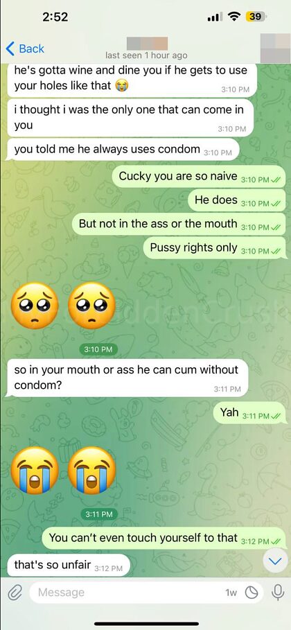 En raison de quelques questions posées : voici le reste de la conversation avec Cucky, où je me suis bien remplie, pendant que Cucky était enfermé à la maison.