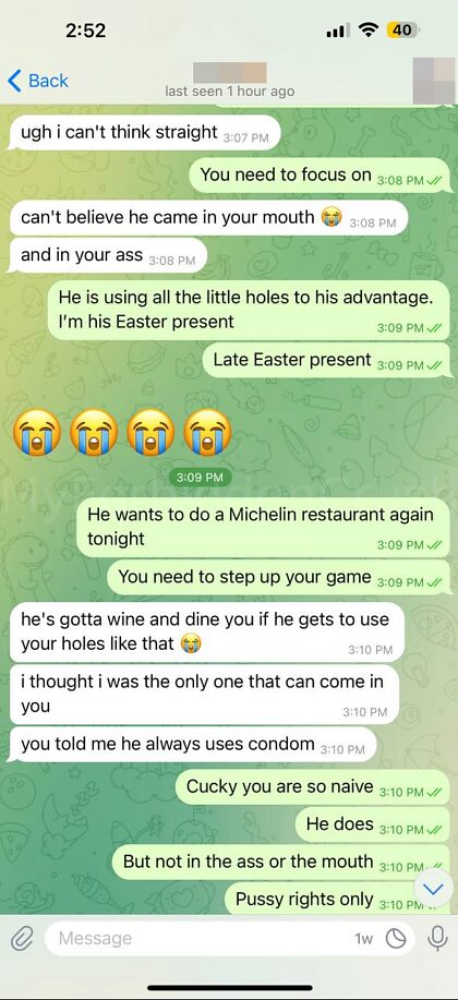 En raison de quelques questions posées : voici le reste de la conversation avec Cucky, où je me suis bien remplie, pendant que Cucky était enfermé à la maison.