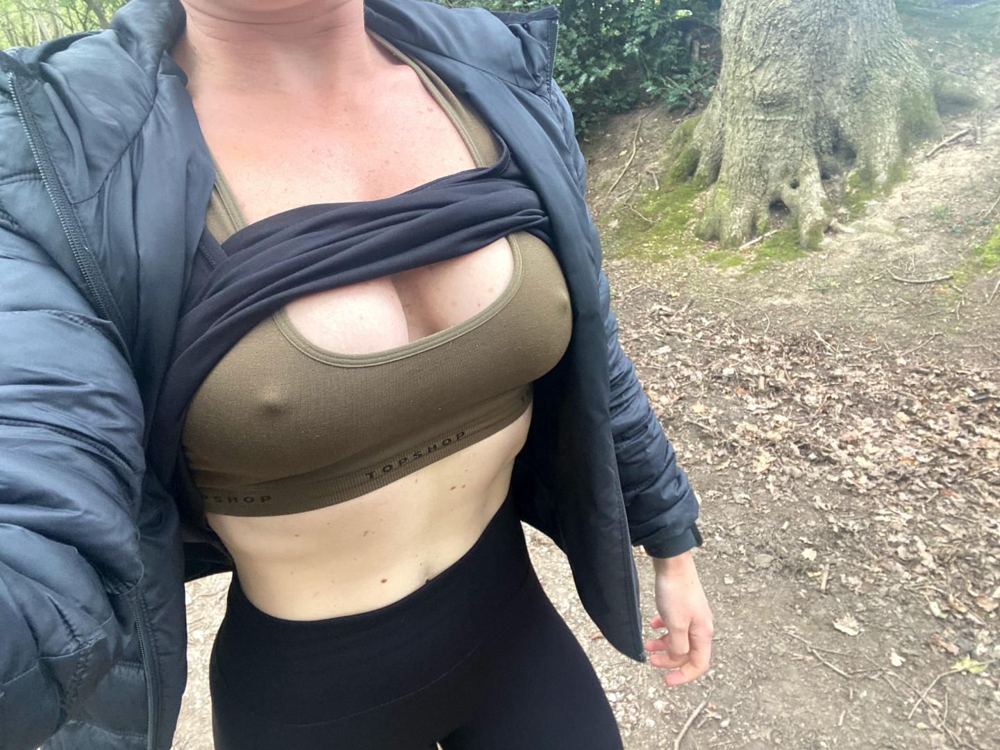 My hard nipples through my sports bra whilst on a walk picture