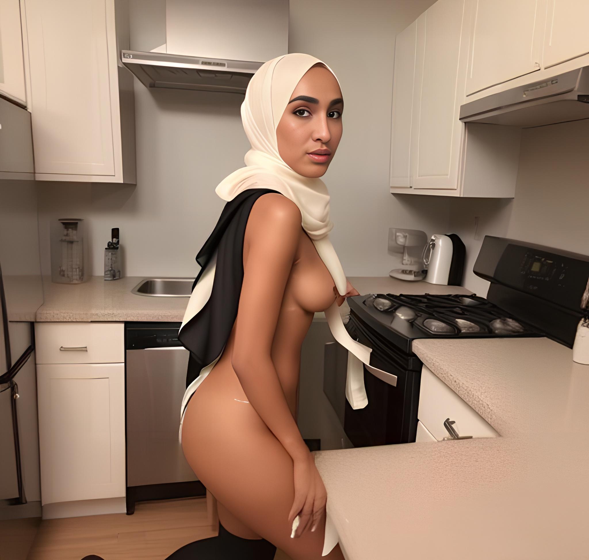 Tanned Skin Teen in Hijab Kitchen A Miss Universe Model with Perfect Body and Small Tits picture