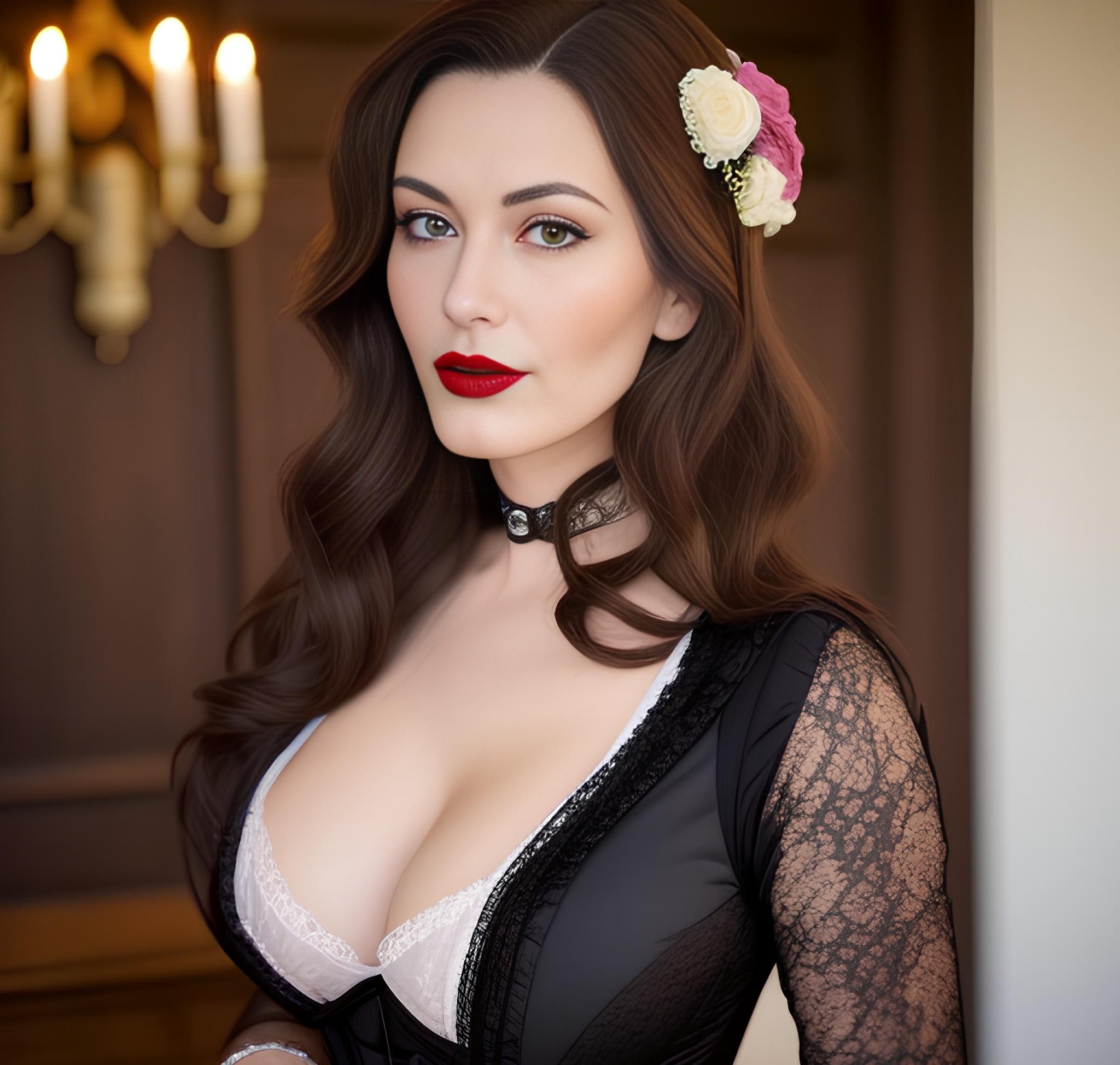 Victorian Brunette Model Wearing Lipstick with Perfect 30 Years Old Scandinavian Body