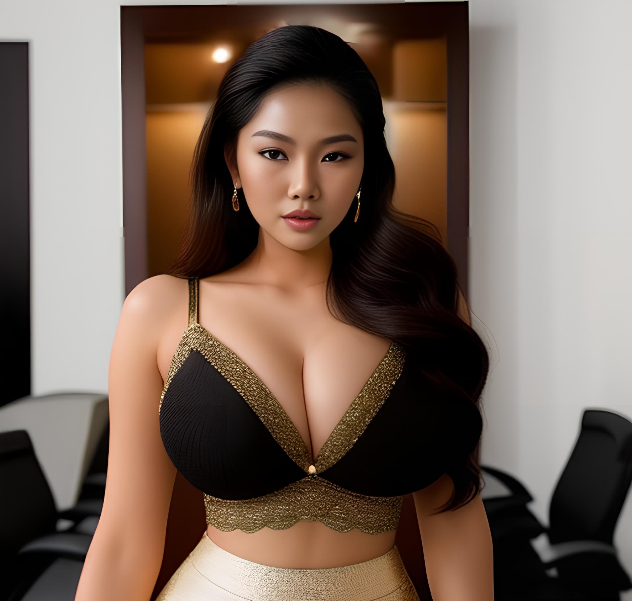 Miss Universe Model in stylischem Büro-Minirock zeigt riesige Brüste und Dekolleté! Bild Foto Foto