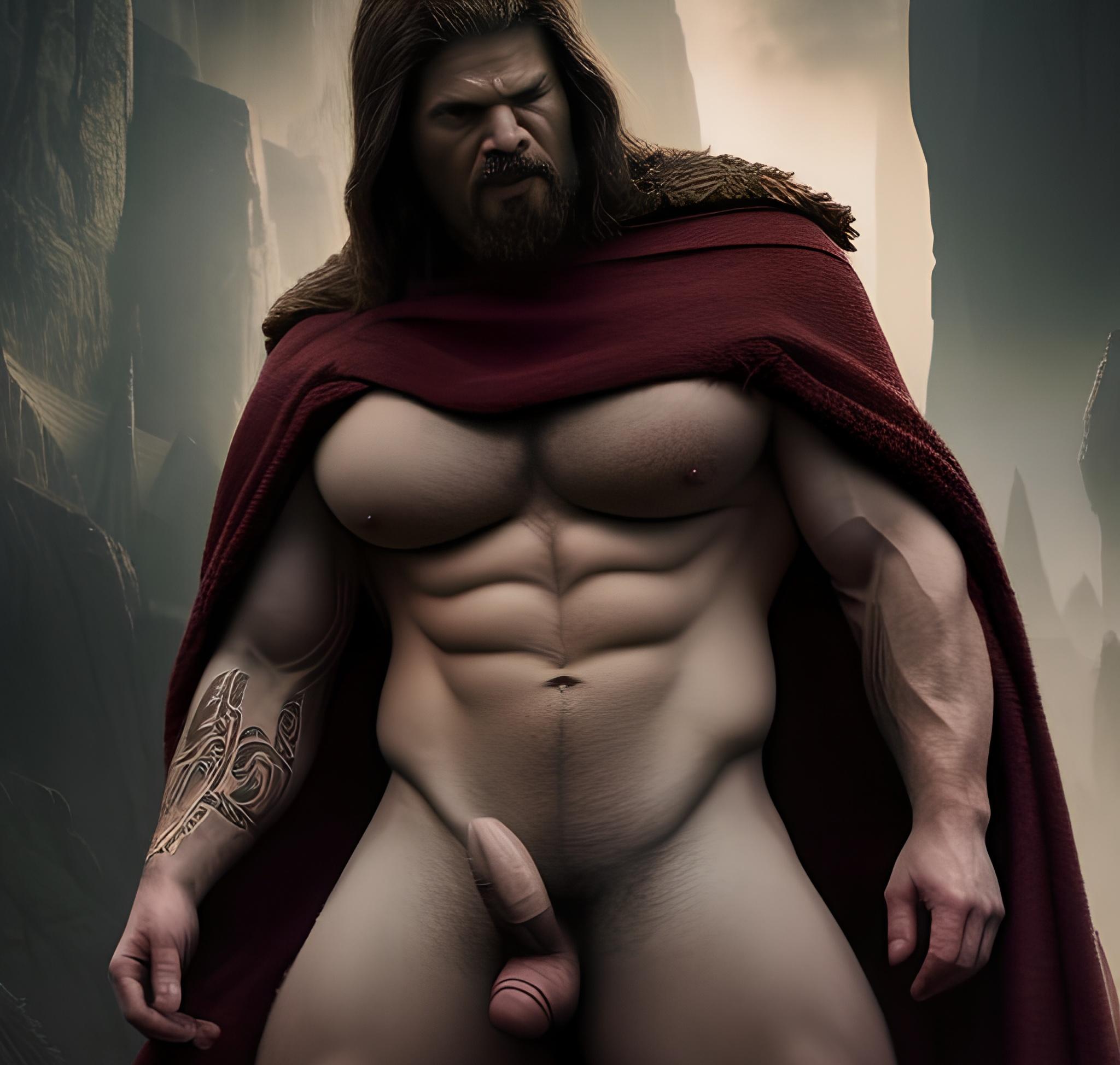 Nude Famous Toon Tattoo - 30yo Viking Bodybuilder's Erect Thick Big Dick in Dark Fantasy Mountains:  Angry Black Hair, Partially Nude,