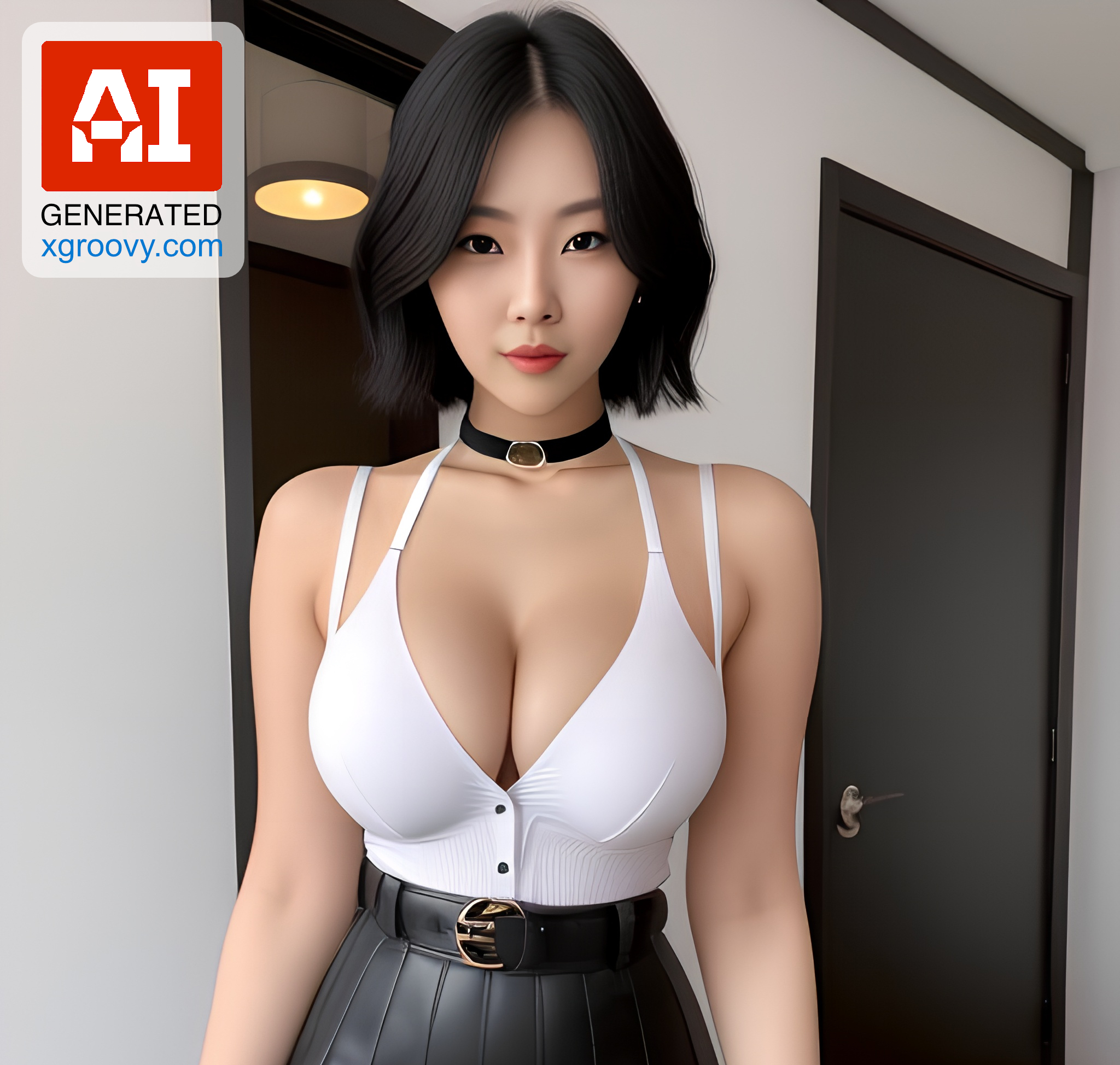 Korean Perfect - Korean beauty, short hair, big hips, perfect body in a mini skirt & choker.  I'd
