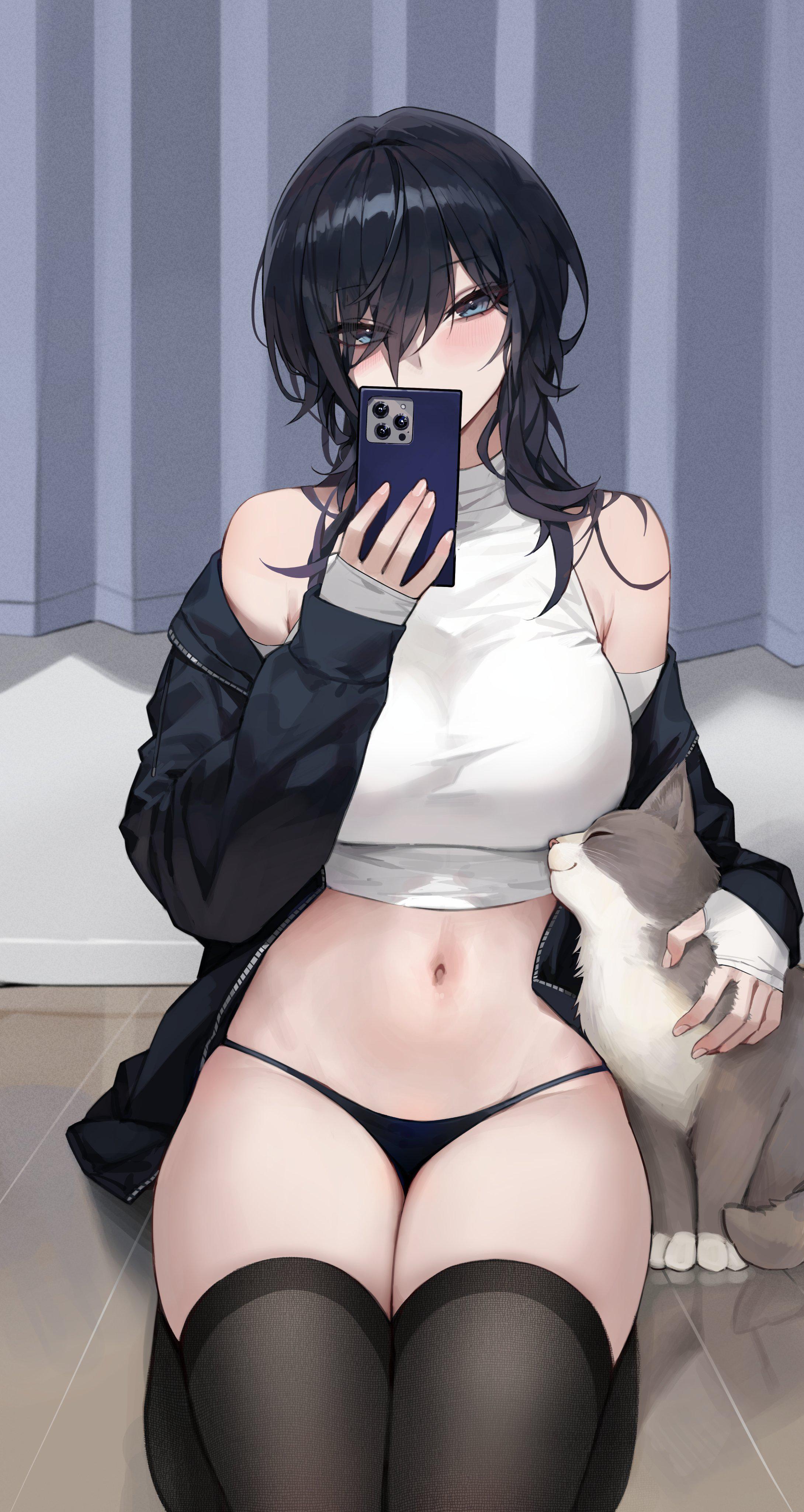 Huge Breast Anime Turtleneack - Sleeveless Turtleneck and smartphone