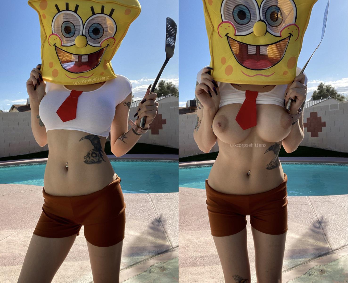 The SpongeBob mask stays on during photo